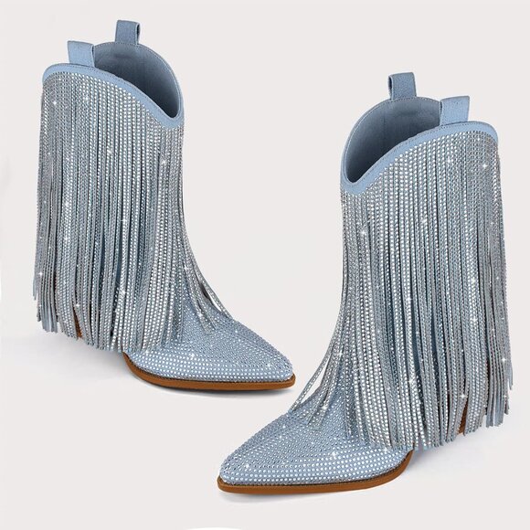Women's Denim Rhinestone Sparkly Fringe Chunky Heel Pointed Toe Ankle Boots - Picture 2 of 7